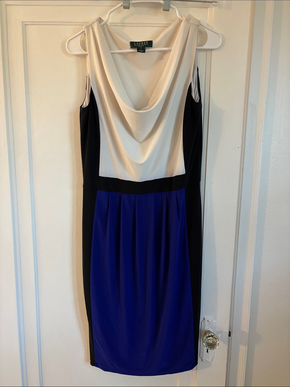 Lauren Ralph Lauren Ivory, Black & Cobalt Colorblock Cowl Sheath Dress